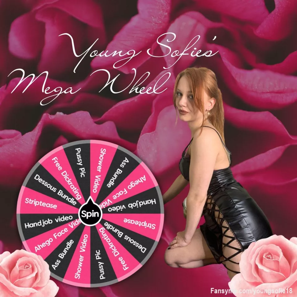 💖Sofie’s  Mega Wheel special 💖

Spin to win one or more prices🔞! 
EVERY spin wins!🥰

💞tip $20 for 1 spin
💞tip $30 for 2 spins 
💞tip $50 for 3 spins