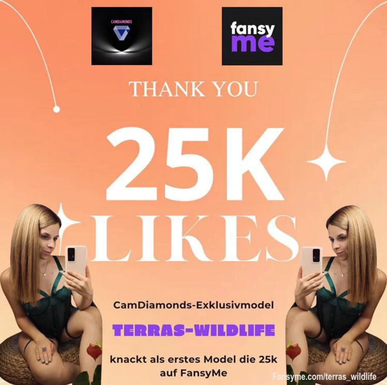 Wow! Ihr seid einfach der absolute Wahnsinn! 🤩Vielen lieben Dank ihr geilen,wunderbaren Menschen da draußen -für euren Support, für die heißen Nachrichten, für den geilen Austausch, für die wildesten Fantasien, für die vielen Komplimente und hiermit vor allem -für die vielen Likes! 
Küsschen an euch 😘 
#camdiamonds #fansyme #h2gcd #25klikes